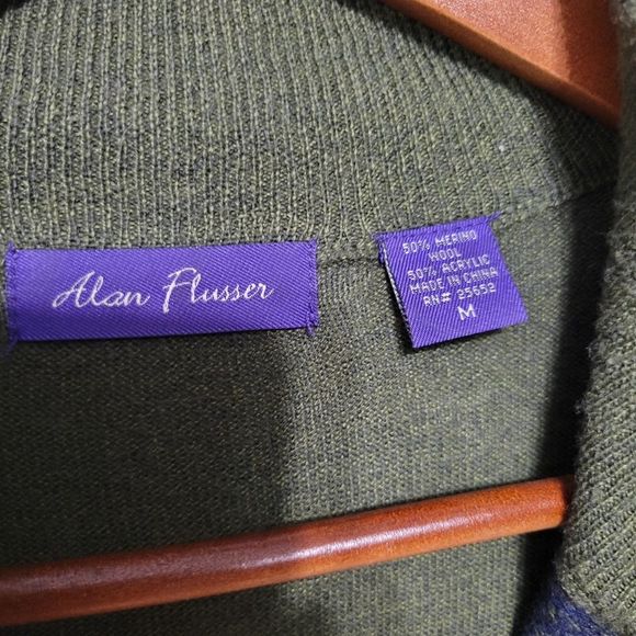 Alan Flusser Green and Black Zip-up Long Sleeve Polo - Picture 3 of 3